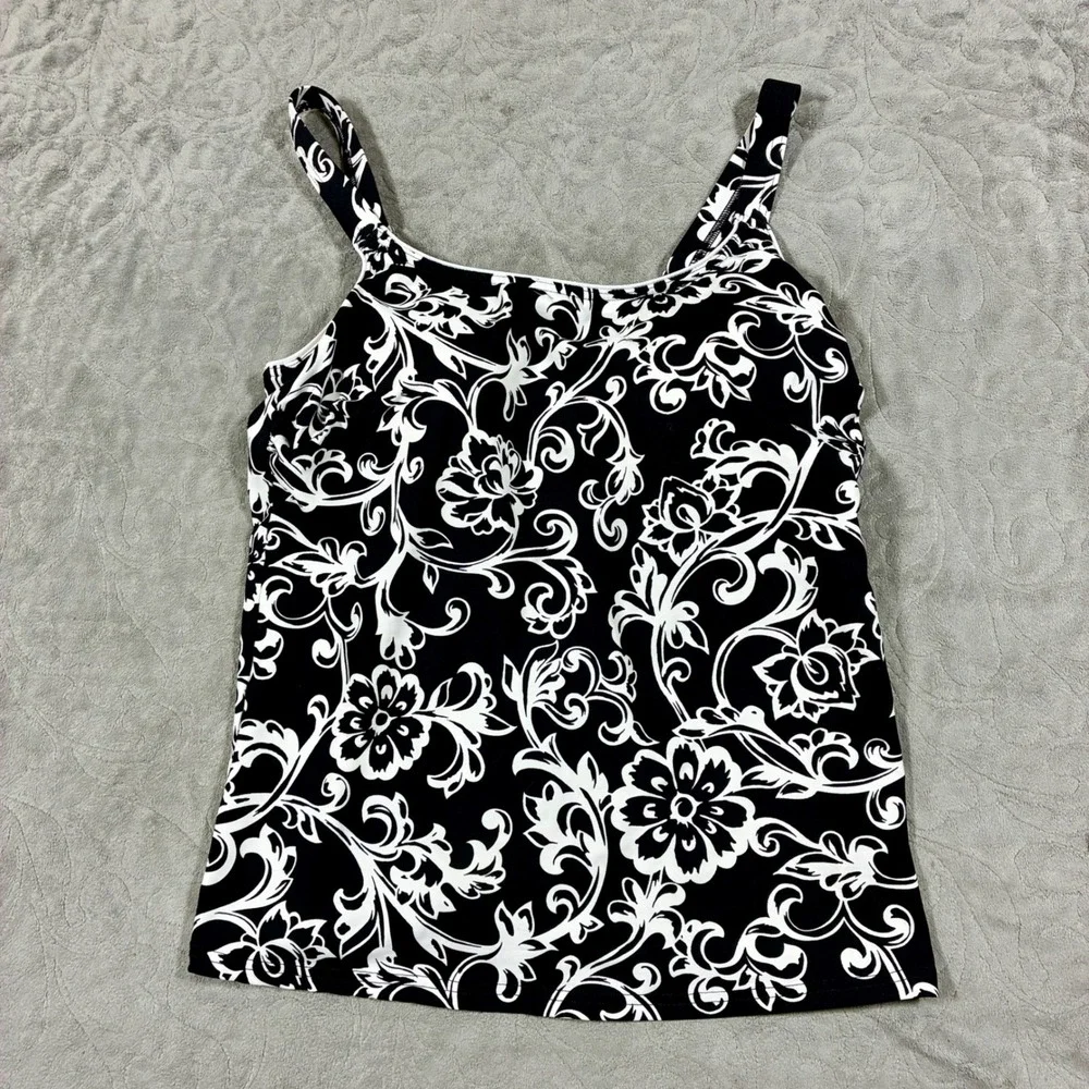 Lands' End Tankini Swim Top Size 6 Black Floral Modest Preppy